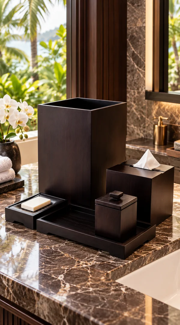 Archipel Cinquanta dark wood bathroom accessory collection in a luxury marble hotel bathroom