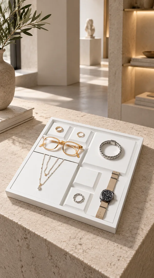 Smyth and Jones display tray with eyewear, jewelry and a watch in a luxury boutique