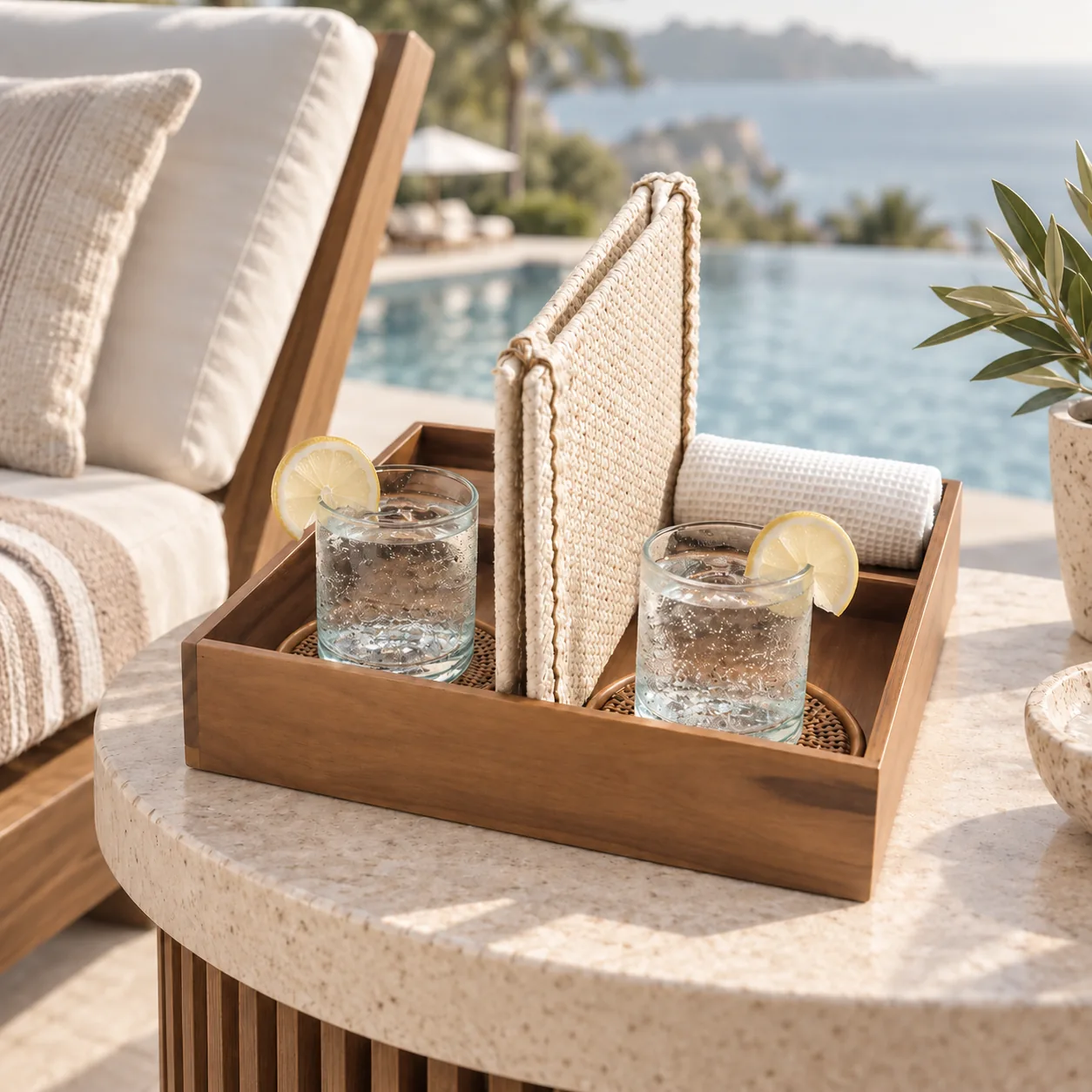 Luxury hotel poolside F&B service tray with two lemon waters, woven accessories and towel