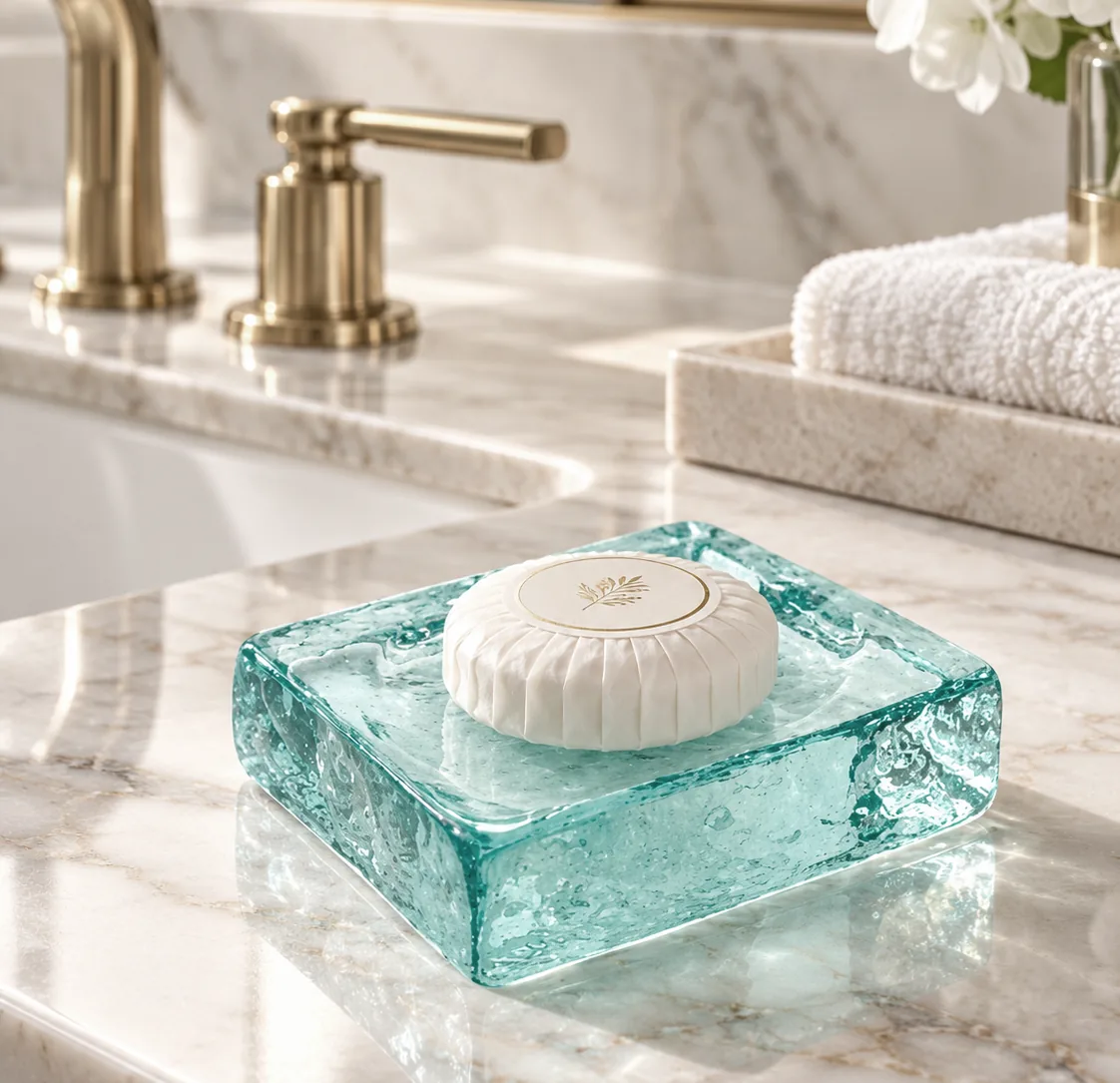 Aqua glass soap dish with individually wrapped guest soap on a marble hotel bathroom vanity