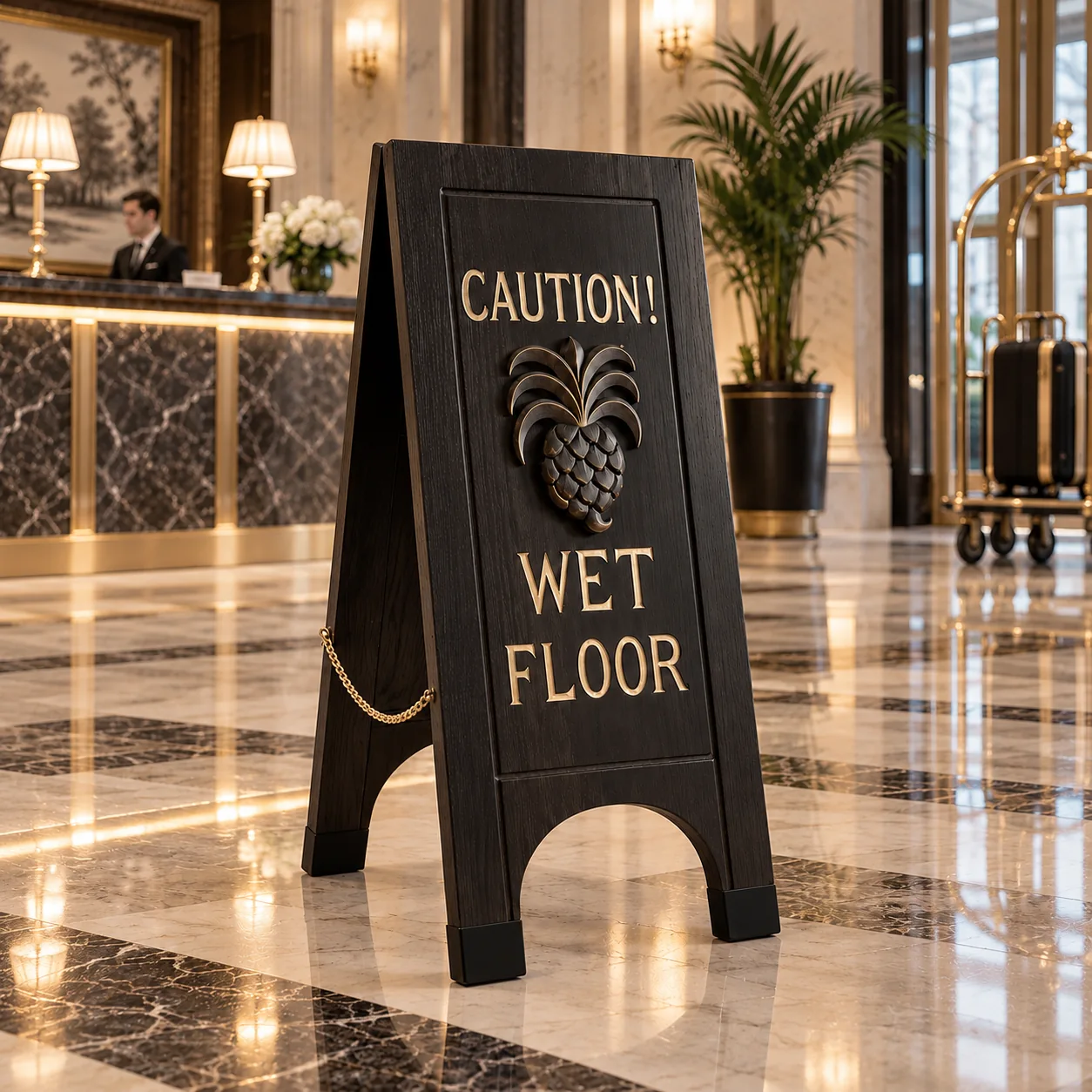 Bespoke black wood wet floor caution sign in a luxury hotel reception lobby